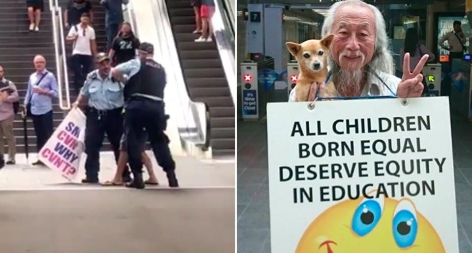 Thousands plan to protest the ‘brutal’ arrest (left) of iconic Sydney man Danny Lim (right). Source: Facebook/ Niki Anstiss and Danny’s Page