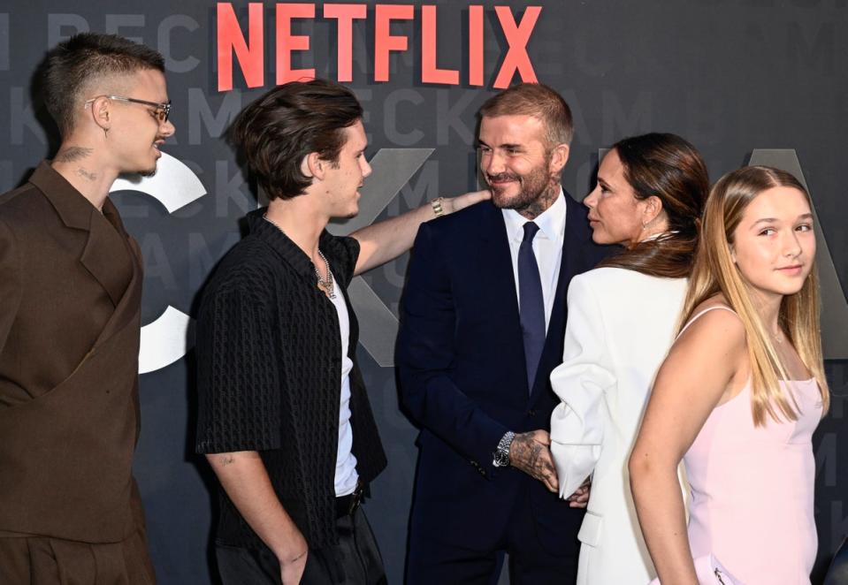 Romeo, Cruz, David, Victoria, and Harper attend the Netflix Beckham UK premiere in Mayfair (Gareth Cattermole / Getty Images)