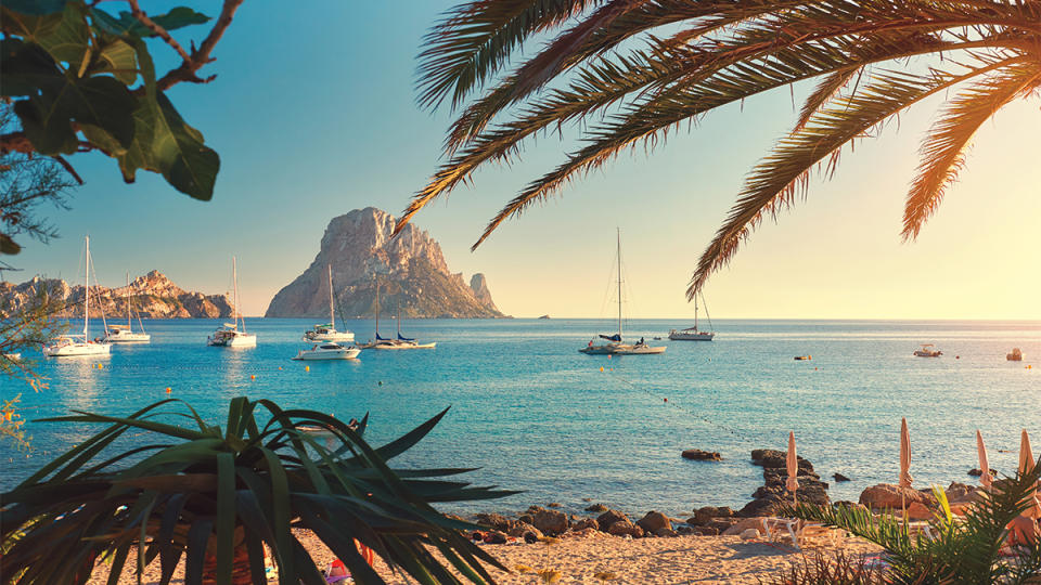 Ibiza’s Cala d’Hort beach, with the mythologized Es Vedrà island in the distance.