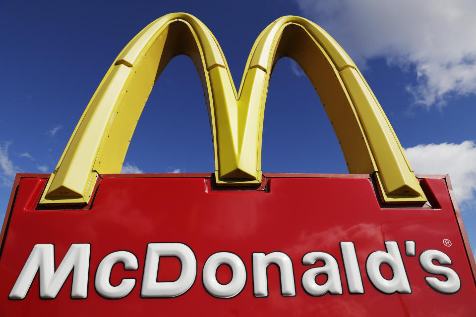 FILE - This April 9, 2020 file photo shows a McDonald's sign in Wheeling, Ill. McDonald’s saw stronger U.S. same-store sales in the July-September period, indicating customers’ preference for drive-thru and delivery remained strong even as lockdown restrictions eased. (AP Photo/Nam Y. Huh, File)