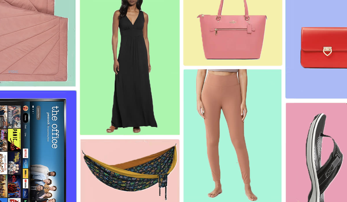 Grid of images: TV, camping blanket, dress, hammock, leggings, bags, sandals