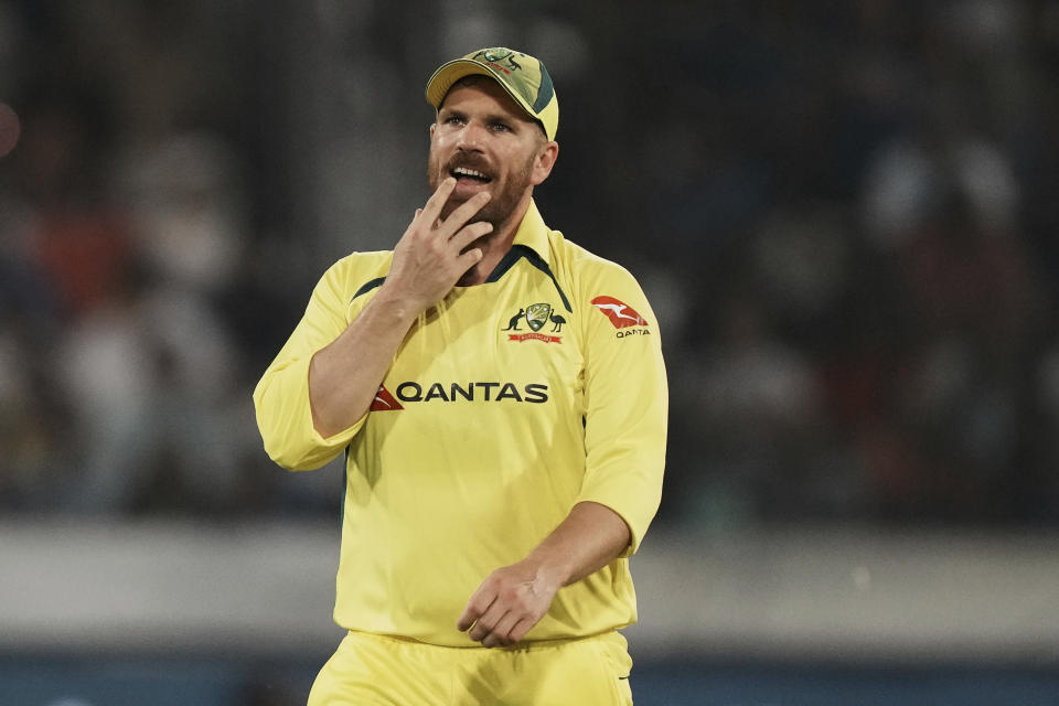 Australia's captain Aaron Finch reacts during the third T20 cricket match between India and Australia, in Hyderabad, India, Sunday, Sept. 25, 2022. (AP Photo/Mahesh Kumar A)