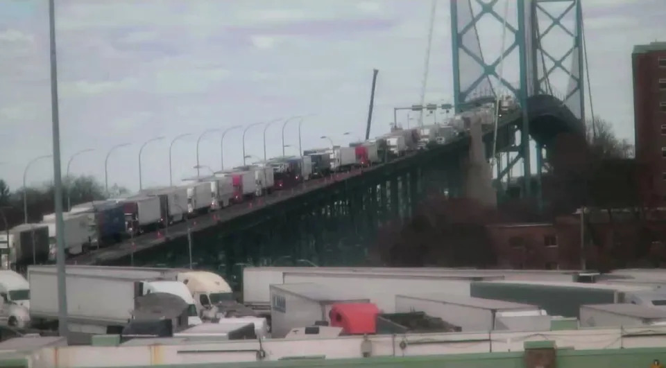 Canada-bound trucks backed up on the Ambassador Bridge on March 23, 2018.