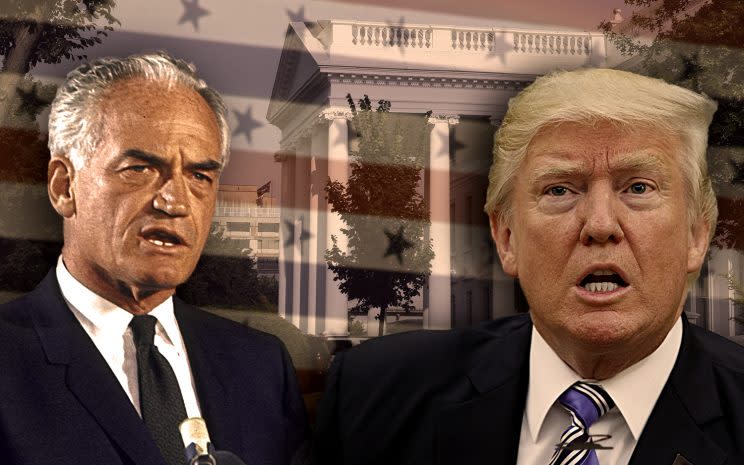 Barry Goldwater, Donald Trump. (Yahoo News photo illustration. Photos: Art Rickerby/The LIFE Picture Collection/Getty Images, Evan Vucci/AP, Alex Brandon/AP)