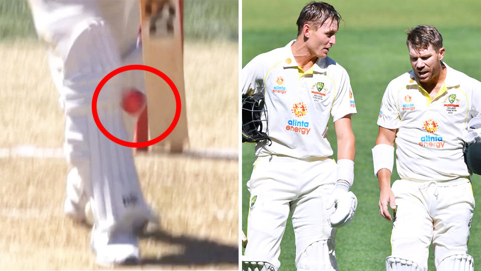 David Warner survived a compelling LBW shout from England via DRS, but the usage of the system has sparked a further round of debate among cricket fans. Pictures: Channel 7/Getty Images