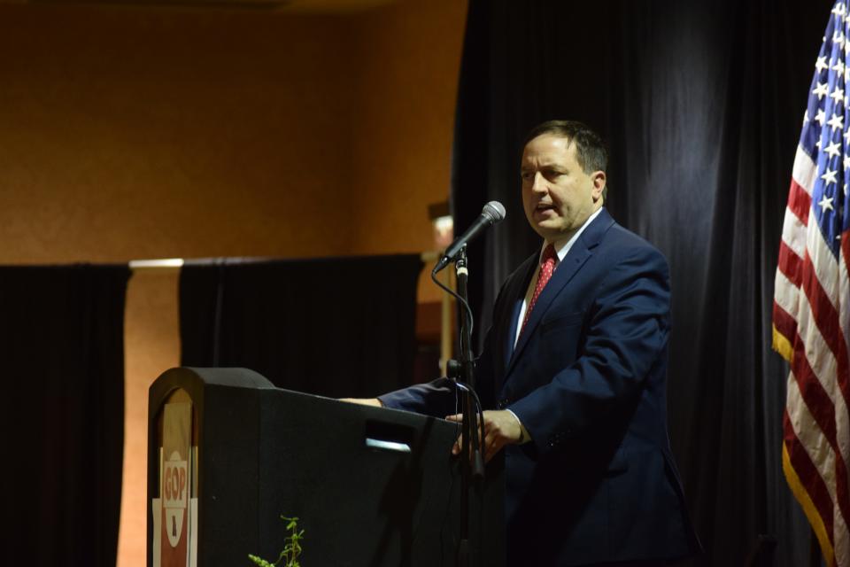 Missouri Secretary of State Jay Ashcroft speaks to a crowd at Lincoln Days on Friday, February 21, 2020, at University Plaza Hotel in Springfield. Ashcroft announced he's running for re-election Friday night.