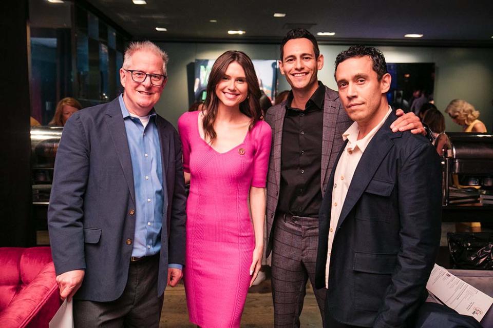 (From l.): Kent Gibbons, content director of B+C, Multichannel News and Next TV with hosts Sophie Flay of KABC and Johnny Ray Diaz and Jonathan Media of ‘Primo.’