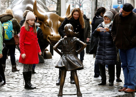 People look at a statue of a girl facing the Wall St. Bull, as part of a campaign by U.S. fund manager State Street to push companies to put women on their boards, in the financial district in New York, U.S., March 7, 2017. REUTERS/Brendan McDermid