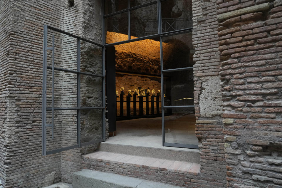 Archaeological finds are displayed during the press preview of the newly-restored Domus Tiberiana, one of the main imperial palaces on Rome's Palatine Hill, in Rome, Italy, Wednesday, Sept. 20, 2023. The Domus Tiberiana will reopen to the public on Sept. 21. (AP Photo/Gregorio Borgia)