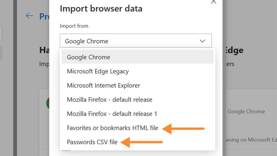 Import browser data menu on Microsoft Edge