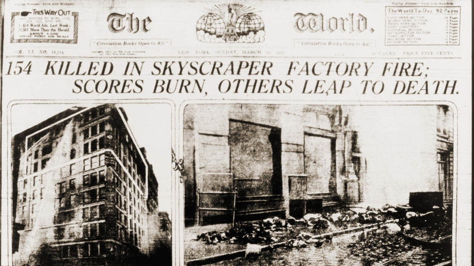 Triangle Shirtwaist Company fire reported on the front page of The New York World newspaper for March 26, 1911.