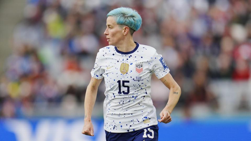 United States' Megan Rapinoe follows play during the second half of the FIFA Women's World Cup soccer match between the United States and Vietnam at Eden Park in Auckland, New Zealand, Saturday, July 22, 2023. (AP Photo/Abbie Parr)