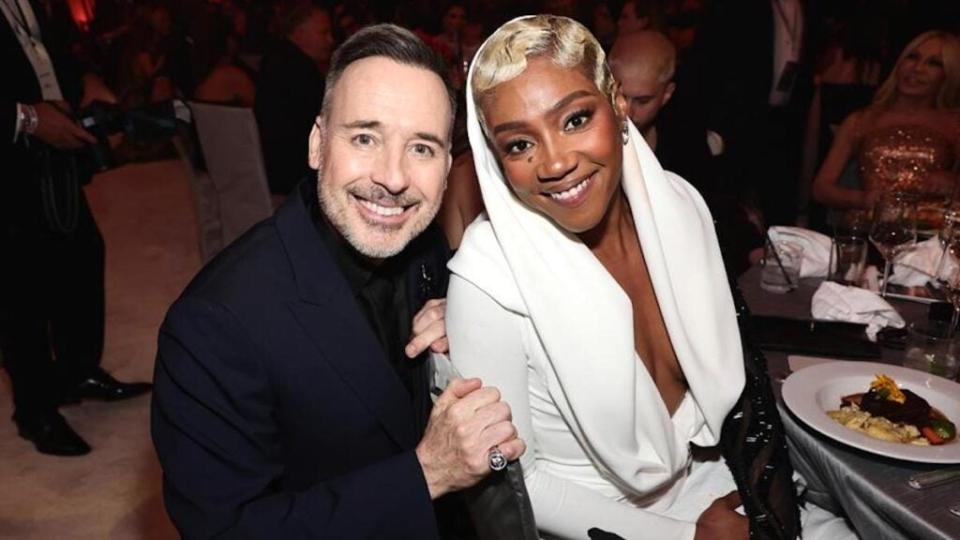 Host David Furnish and Tiffany Haddish attend the Elton John AIDS Foundation’s 31st Annual Academy Awards Viewing Party 2023 in West Hollywood. (Jamie McCarthy/Getty Images for Elton John AIDS Foundation)