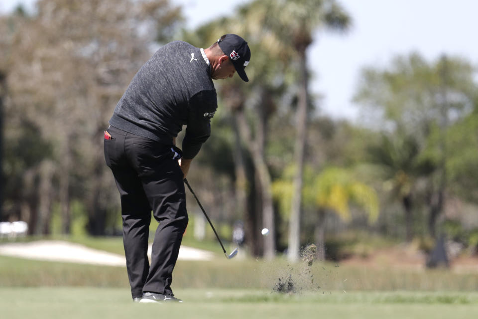 Gary Woodland hits from the seventh tee during the second round of the Honda Classic golf tournament, Friday, Feb. 28, 2020, in Palm Beach Gardens, Fla. (AP Photo/Lynne Sladky)