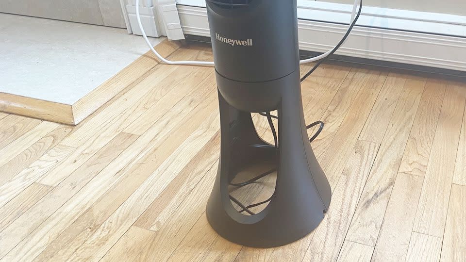 The Honeywell QuietSet tower fan's base features two parts that snap together; it remains sturdy even after months of use. - Suzanne Kattau/CNN Underscored