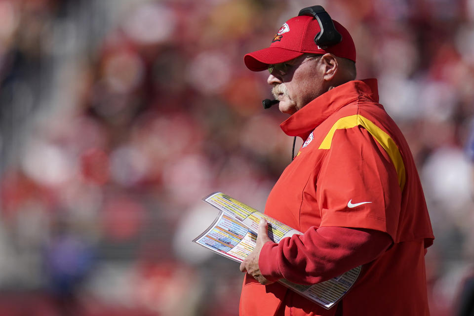 Kansas City Chiefs head coach Andy Reid watches from the sideline during the first half of his team's NFL football game against the San Francisco 49ers in Santa Clara, Calif., Sunday, Oct. 23, 2022. (AP Photo/Godofredo A. Vásquez)