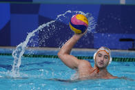 Spain's Alberto Munarriz Egana plays against Croatia during a preliminary round men's water polo match at the 2020 Summer Olympics, Monday, Aug. 2, 2021, in Tokyo, Japan. (AP Photo/Mark Humphrey)