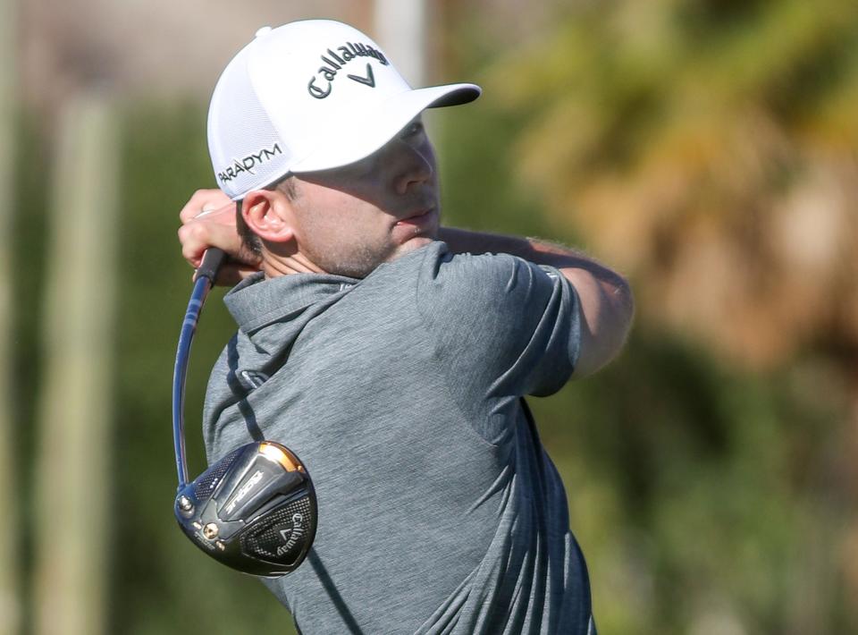 Sam Burns tees off on the 11th hole at La Quinta Country Club during The American Express in La Quinta, Calif., Jan. 20, 2023.