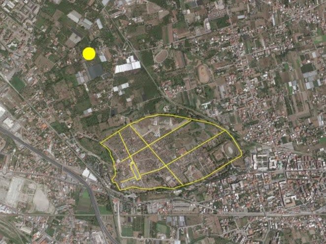 Satellite image showing the location of the villa north of the ancient city of PompeiiPompeii Archaeological Park