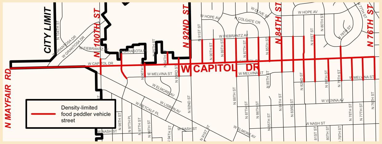 A map shows a density-limited food truck zone along West Capitol Drive in Milwaukee.
