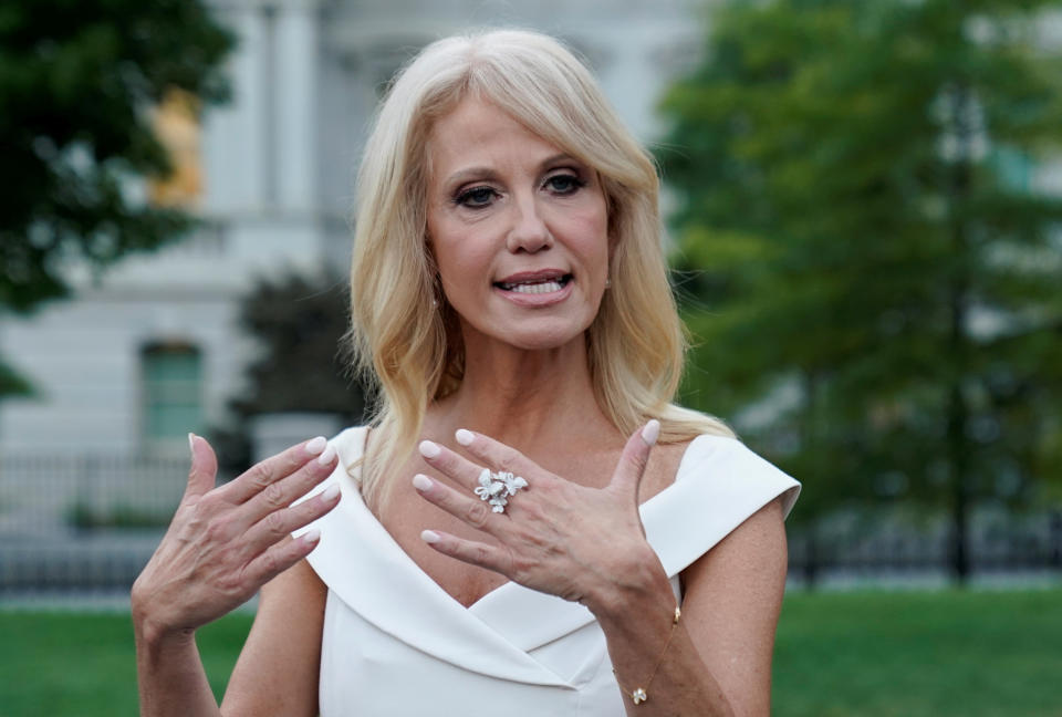 White House adviser Kellyanne Conway speaks to reporters at the White House in Washington on August 26, 2020. (Kevin Lamarque/Reuters)