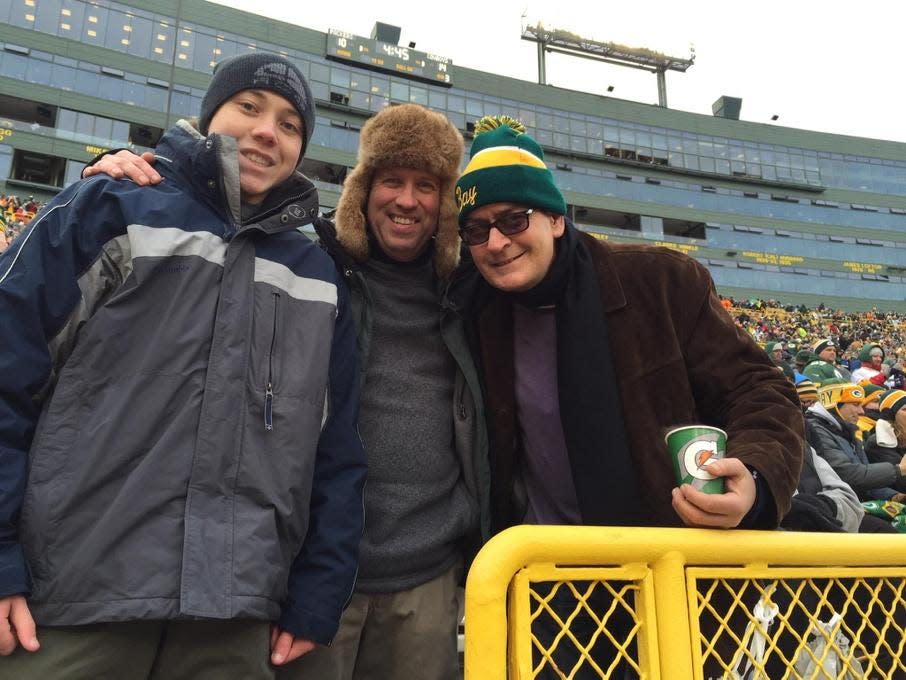 When actor Charlie Sheen, right, showed up in the stands at Lambeau Field in 2015, Paul Northway of De Pere, middle, shared this photo with him on social media.