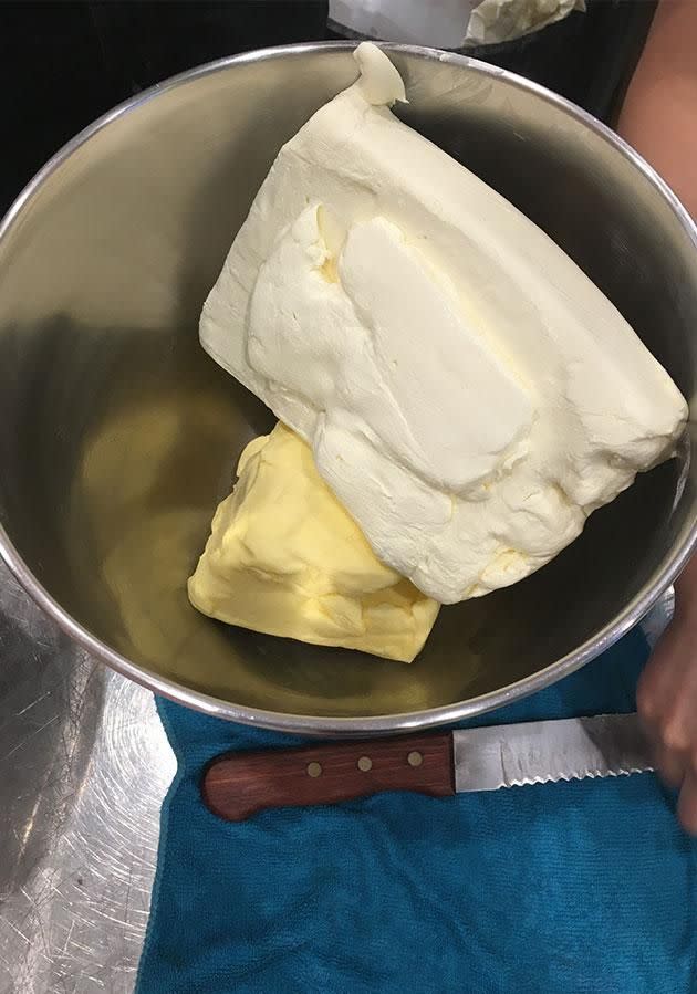 Butter, cream cheese and milk are mixed together first. Photo: Yahoo7 Be