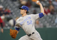 Kansas City Royals starting pitcher Daniel Lynch delivers in the first inning of a baseball game against the Cleveland Indians, Tuesday, Sept. 21, 2021, in Cleveland. (AP Photo/Tony Dejak)