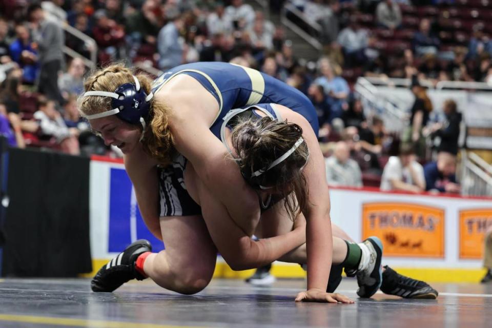 Bald Eagle Area’s Grace Crestani controls Pottstown’s Vida Torres in their 190-pound PIAA girls consolation second round match on Friday, March 8, 2024 at the Giant Center in Hershey. Crestani pinned Torres in 2:00 to become the Lady Eagles’ first PIAA medalist.
