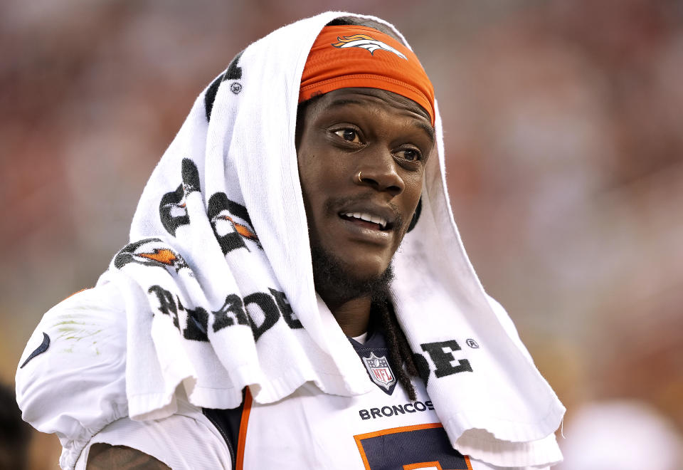 SANTA CLARA, CALIFORNIA - AUGUST 19: Randy Gregory #5 of the Denver Broncos looks on from the sidelines against the San Francisco 49ers during the fourth quarter at Levi's Stadium on August 19, 2023 in Santa Clara, California. (Photo by Thearon W. Henderson/Getty Images)