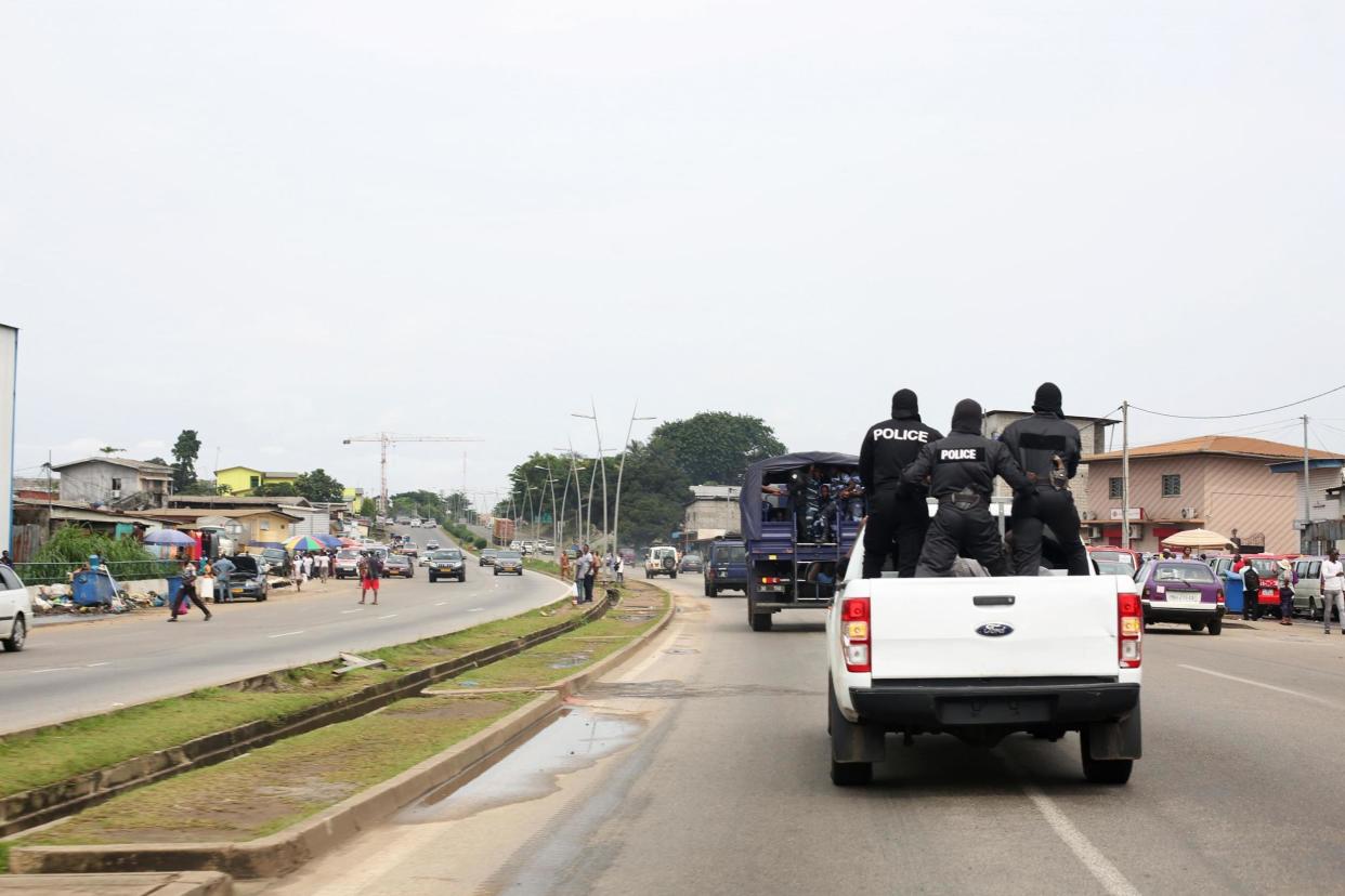 Police officers patrol on December 17, 2017 in Libreville, following the knife attack on two Danish nationals: AFP/Getty