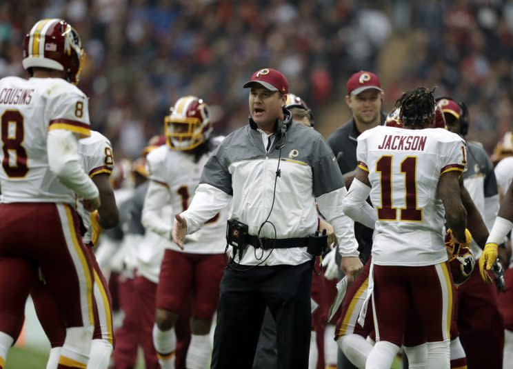 Redskins coach Jay Gruden was confounded after his team tied the Cincinnati Bengals Sunday in London. (AP)