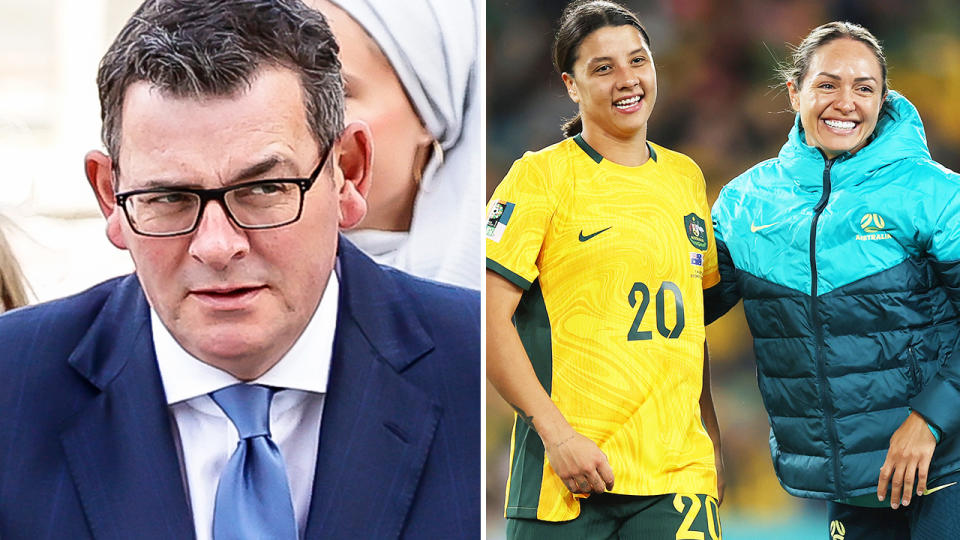 Dan Andrews alongside Matildas players Sam Kerr and Kyah Simon.