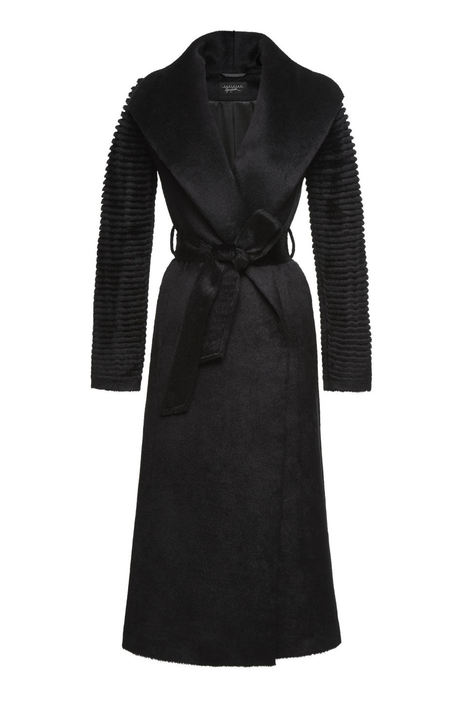 long wrap coat with ribbed sleeves