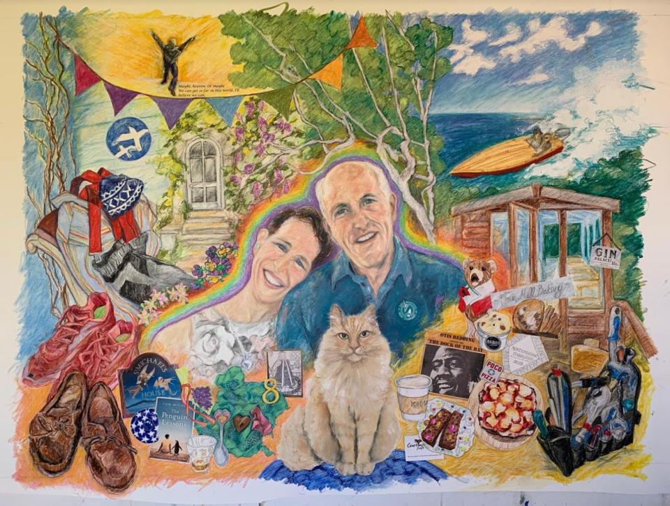 A mixed media creation (1x1.4m), including Simon's ashes, the author's and their cat’s hair. "A gift from a friend" the author writes. "It's like having Simon home"