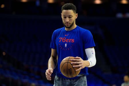FILE PHOTO: May 5, 2019; Philadelphia, PA, USA; Philadelphia 76ers guard Ben Simmons warms up before game four of the second round of the 2019 NBA Playoffs against the Toronto Raptors at Wells Fargo Center. Mandatory Credit: Bill Streicher-USA TODAY Sports