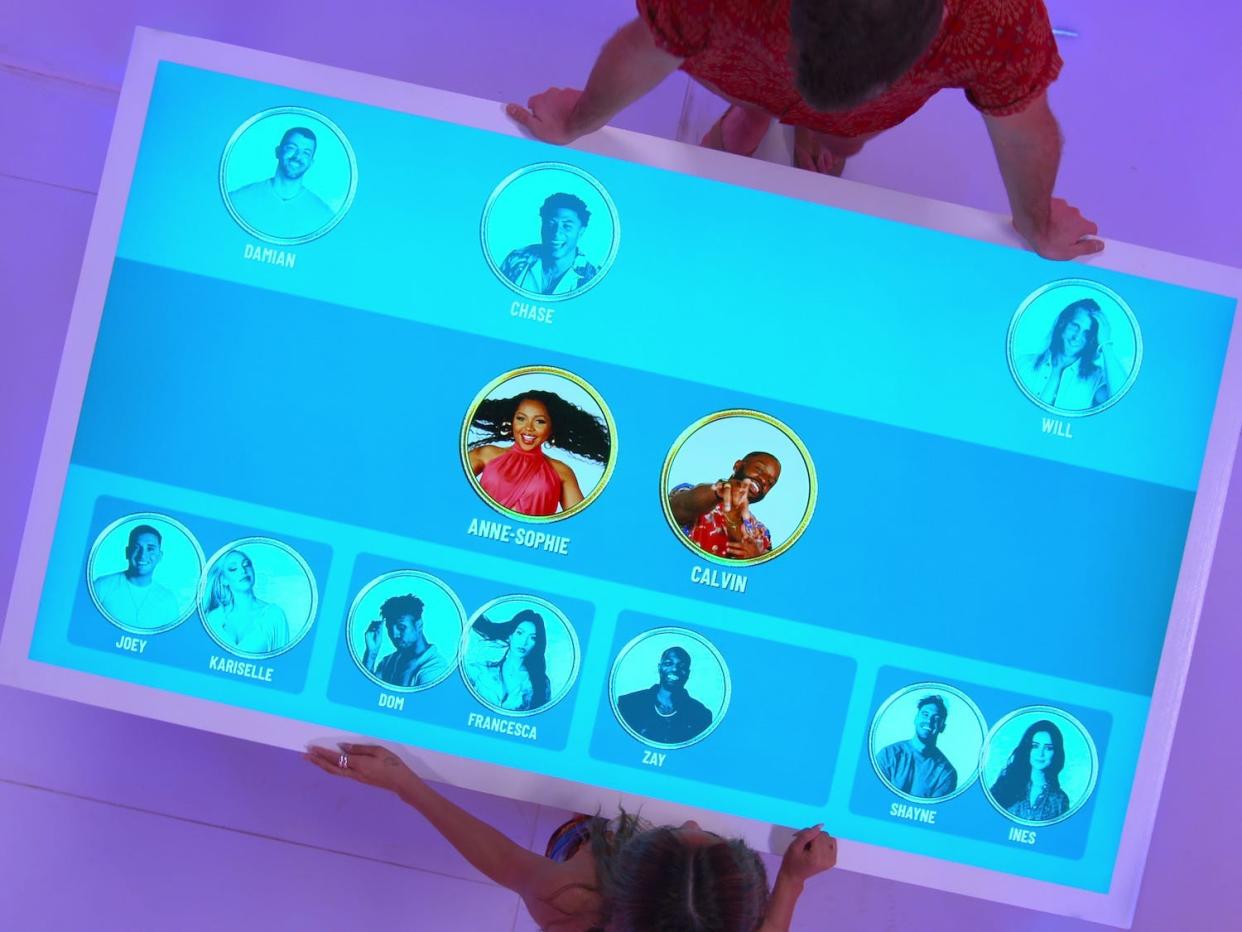 Picture from Perfect Match trailer showing an interactive board with all the contestants