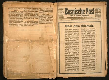 A digitalised image of the front page of the June 30, 1914 edition of the Bosnische Post, after the assassination of the heir to the Habsburg throne, Archduke Franz Ferdinand, is released to Reuters August 20, 2014. REUTERS/National Libary Sarajevo/Handout via Reuters