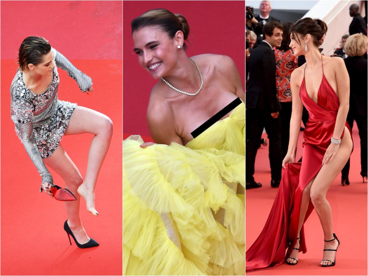Kristen removing her heels, Fernanda's breasts exposed in her low-cut dress, Bella holding her dress together by the high leg slit.