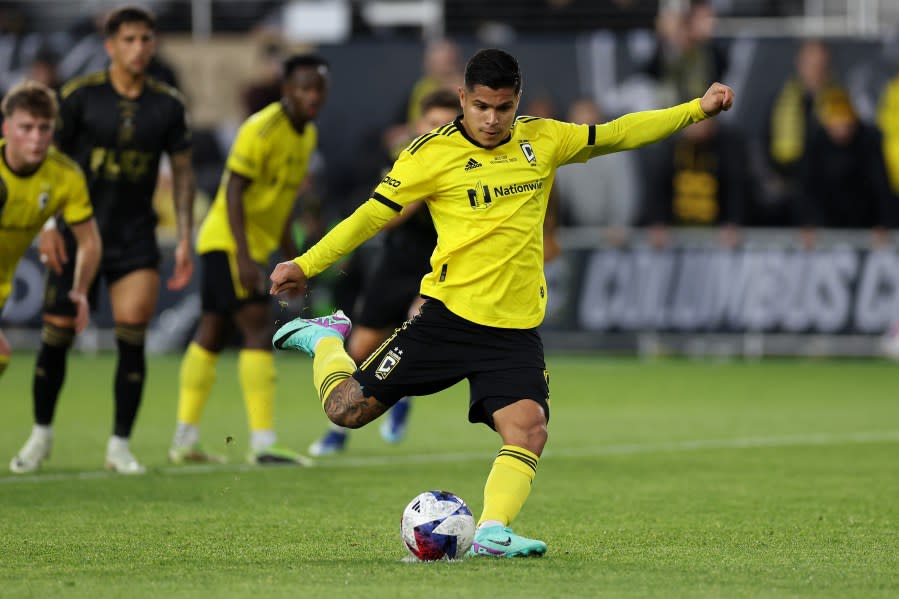 COLUMBUS, OHIO – DECEMBER 09: Cucho Hernández #9 of Columbus Crew scores a goal from a penalty kick during the first half against the Los Angeles FC during the 2023 MLS Cup at Lower.com Field on December 09, 2023 in Columbus, Ohio. (Photo by Patrick Smith/Getty Images)