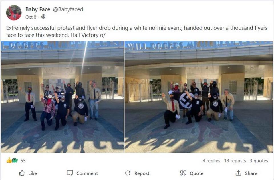 An Oct. 8 Gab post shows a group of people in Nazi regalia posing outside of Will Rogers Memorial Center in Fort Worth. That day, Fort Worth police issued a citation for disorderly conduct to one member of the group.