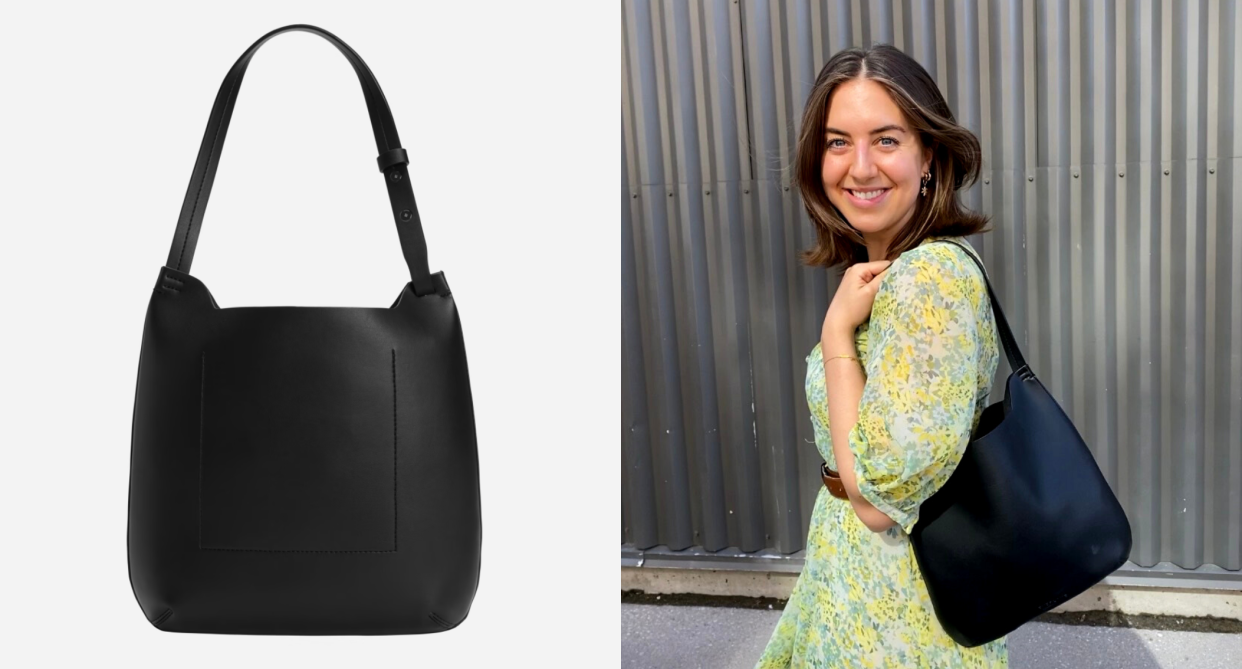 split screen of everlane black cactus leather hobo bag, and a brunette girl in green dress holding black bag