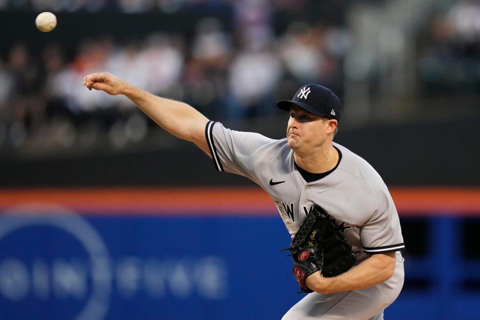 New York Yankees' Gerrit Cole pitches during the first inning of a baseball game against the New York Mets Wednesday, June 14, 2023, in New York. (AP Photo/Frank Franklin II)