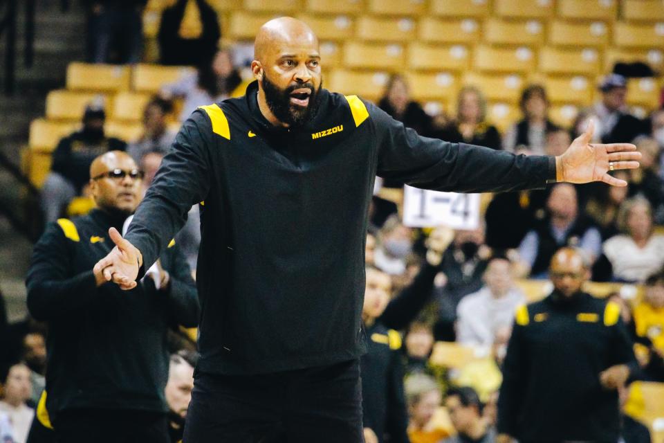 Missouri head men's basketball coach Cuonzo Martin looks on with an exasperated expression during a game against Ole Miss on February 12, 2022, at Mizzou Arena in Columbia, Mo. Martin was fired after the 2021-2022 season.