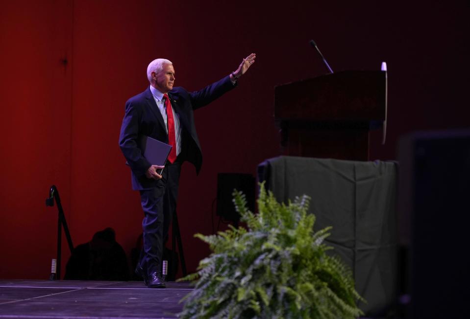 Former Republican vice president and current presidential candidate hopeful Mike Pence speaks during the Lincoln Dinner on Friday, July 28, 2023, at the Iowa Events Center in Des Moines.