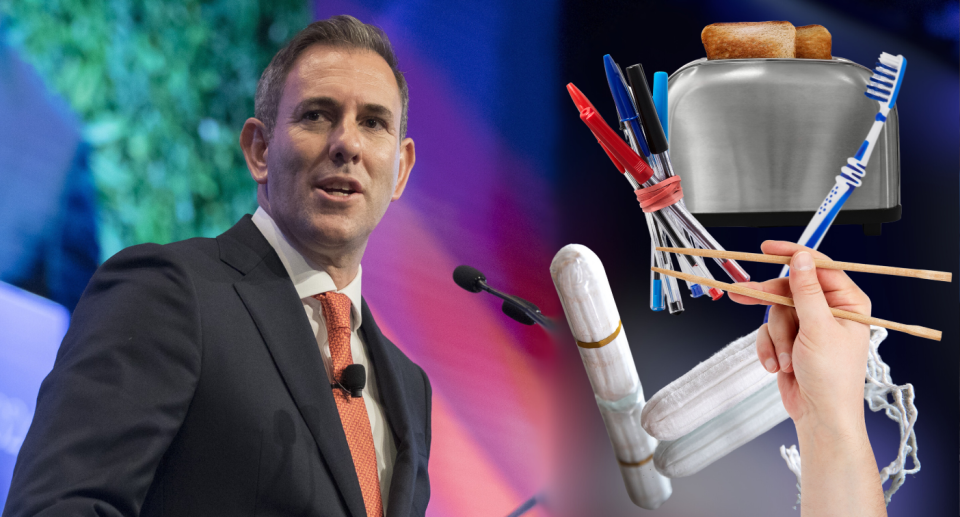 Treasurer Jim Chalmers next to tampons, chopsticks, pens, a toothbrush and a toaster that will be affected by tariff reform