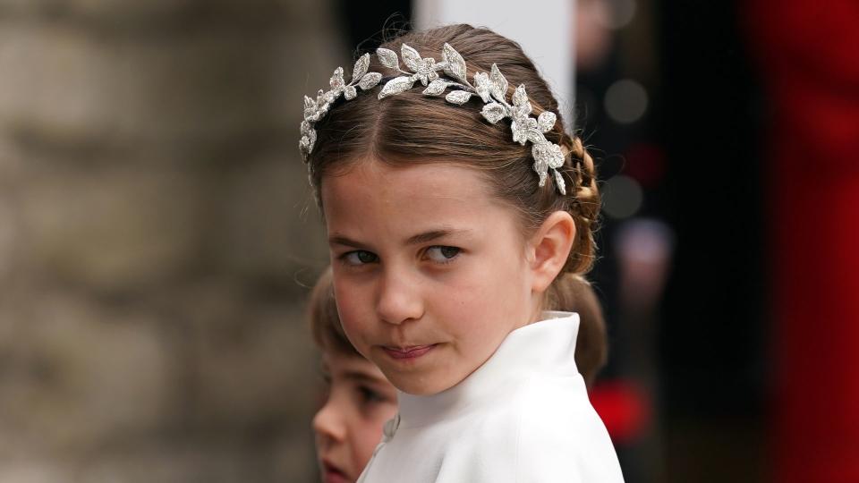 Princess Charlotte and Prince Louis arriving at Westminster Abbey, central London, ahead of the coronation ceremony of King Charles III and Queen Camilla on May 6, 2023 in London, England.