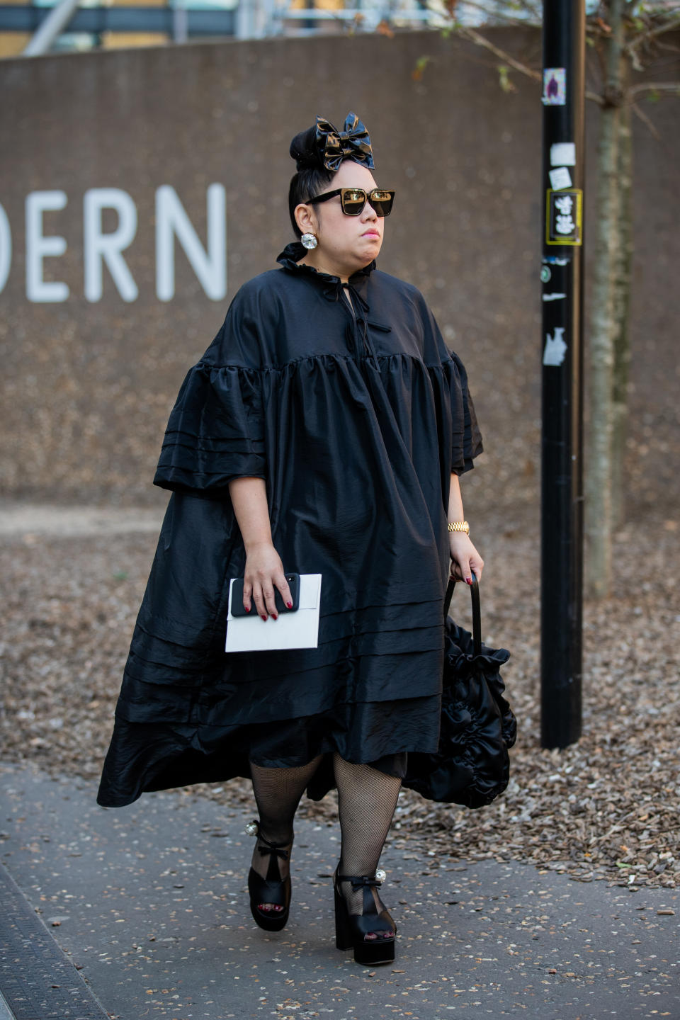 LONDON, ENGLAND - SEPTEMBER 14: A guest is seen wearing black dress outside Ports 1961 during London Fashion Week September 2019 on September 14, 2019 in London, England. (Photo by Christian Vierig/Getty Images)