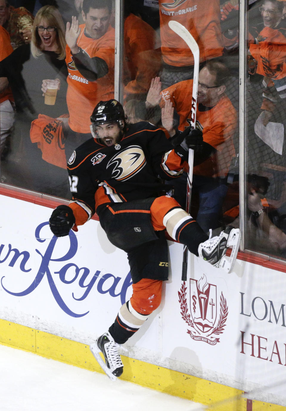 Anaheim Ducks' Mathieu Perreault celebrates his goal against Dallas Stars during the first period in Game 1 of the first-round NHL hockey Stanley Cup playoff series on Wednesday, April 16, 2014, in Anaheim, Calif. (AP Photo/Jae C. Hong)