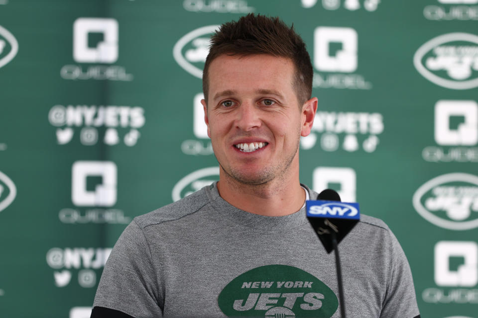 FLORHAM PARK, NJ - AUGUST 01: Offensive Coordinator Mike LaFleur speaks after training camp at Atlantic Health Jets Training Center on August 1, 2022 in Florham Park, New Jersey. (Photo by Rich Schultz/Getty Images)